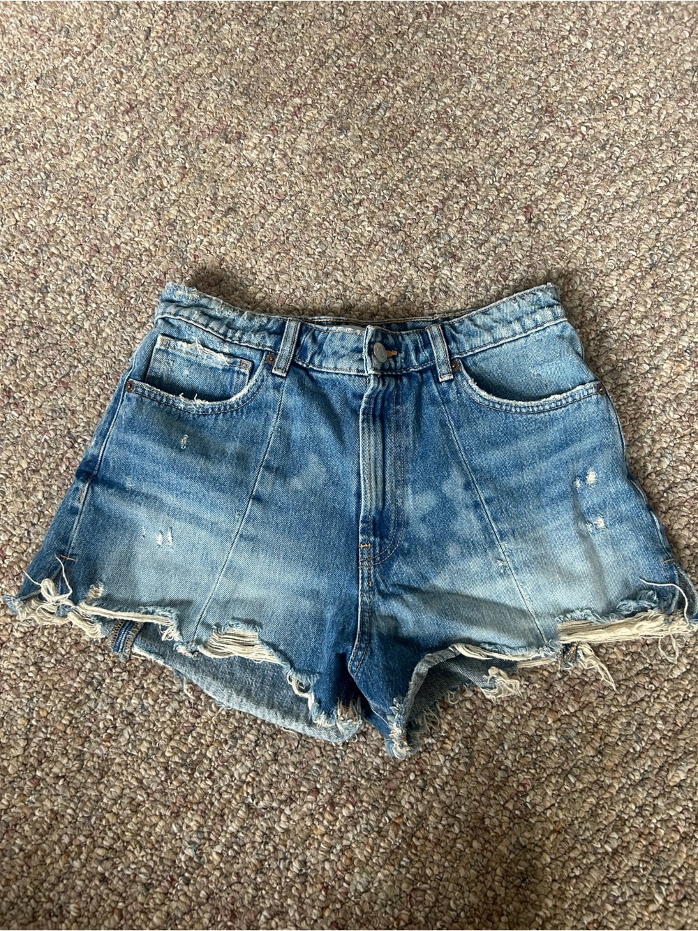 Zara TRF High-Rise Seamed Distressed Denim Shorts